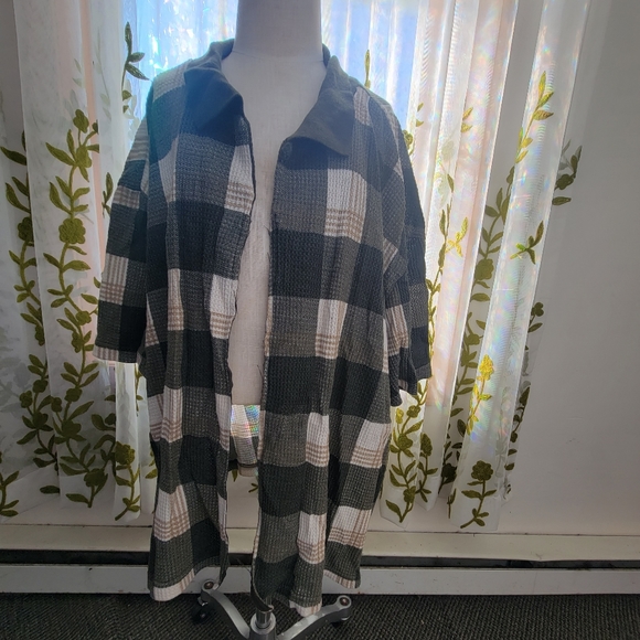 Vintage 90s green cream tan plaid waffle knit grunge top 26/28 - Picture 2 of 7
